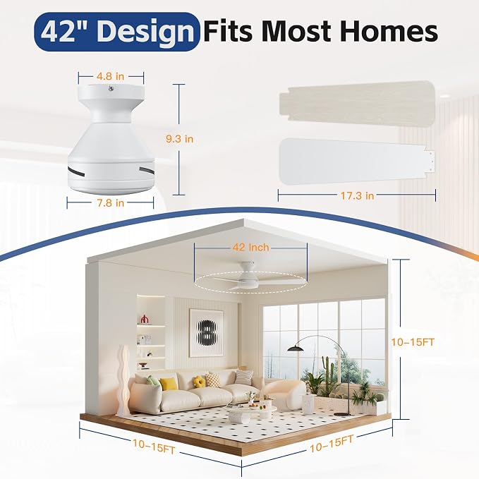 42 Inch Ceiling Fans with Lights And Remote, 3CCT/Flush Mount/6 Speed/White | Flush Mount Low Profile Ceiling Fan, 6 Speed Noiseless LED Ceiling Fan, White Ceiling Fan with Remote for Bedroom Living Room