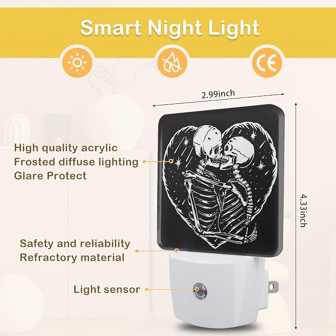 Skull Skeleton Love Night Light,Plug in Night Light, Dusk to Dawn Sensor Nightlights for Stairway/Hallway/Kitchen/Bedroom/Bathroom 0.5W