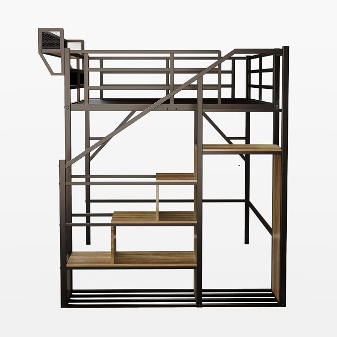 Queen Size Metal Loft Bed with Storage Shelf Built-in USB Port | Heavy Duty Loft Bed with Storage Stairs & Wardrobe+ LED Lights, Large Under-Bed Area, Noise Free, No Box Spring Needed