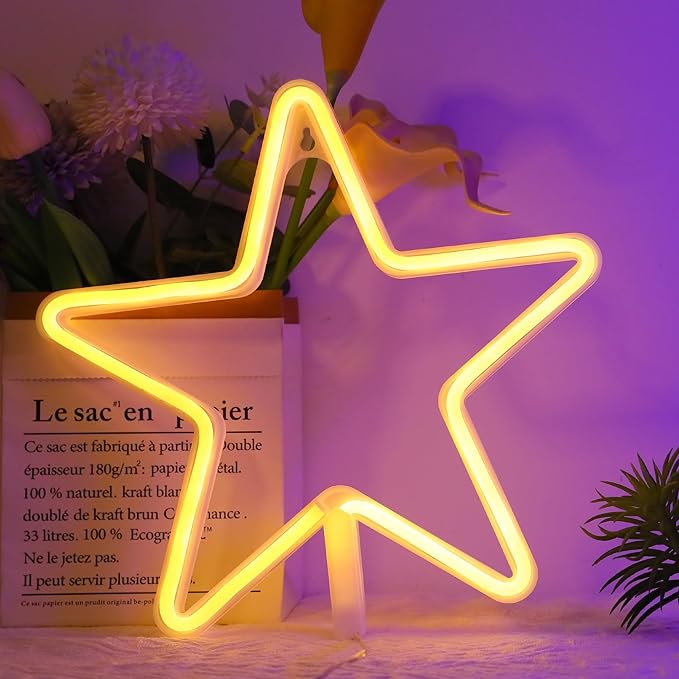 ENUOLI LED Neon Sign Star Neon Lights Warm White Neon Wall Light Star Night Light LED Lights Wall Decoration Art for Girls Bedroom Living Room Christmas Party as Kids Gift