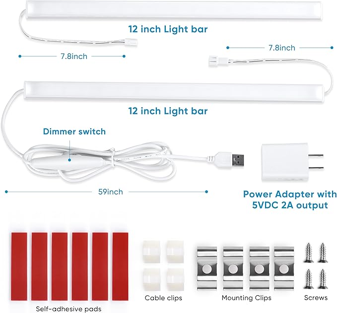 Litever Plug Under Cabinet Light Kit with Power Adapter, Dimmer, 2 pcs 12 Inch USB LED Light Bars. Dimmable Linkable for Kitchen Counter, Workbench, Coffee Station, Workspace, Closet. Warm White 3000K