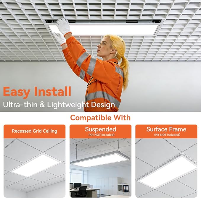 OKQ 2x4 LED Flat Panel Light Drop Ceiling Office Shop Commercial Warehouse Fixture, 5 CCT 3000K-6500K Adjustable & 5 Wattage Selectable,6000Lm 0-10V Dimmable, ETL Listed (24Pack)