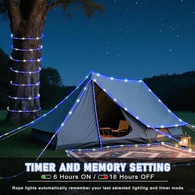100FT 300 LED Rope Lights for Outside, Connectable Rope Lights Outdoor Waterproof with 8 Modes, Plug in Christmas String Lights for Patio, Deck, Pool, Stair, Camping - Blue White