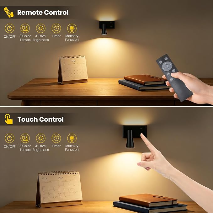 Koopala Battery Operated Wall Sconce, 10000mAh Dual Head Reading Light | LED Wall Lights with 3 Color Temperatures Dimmable, Remote &Touch, Wireless Sconces for Bedroom Living Room Hallway