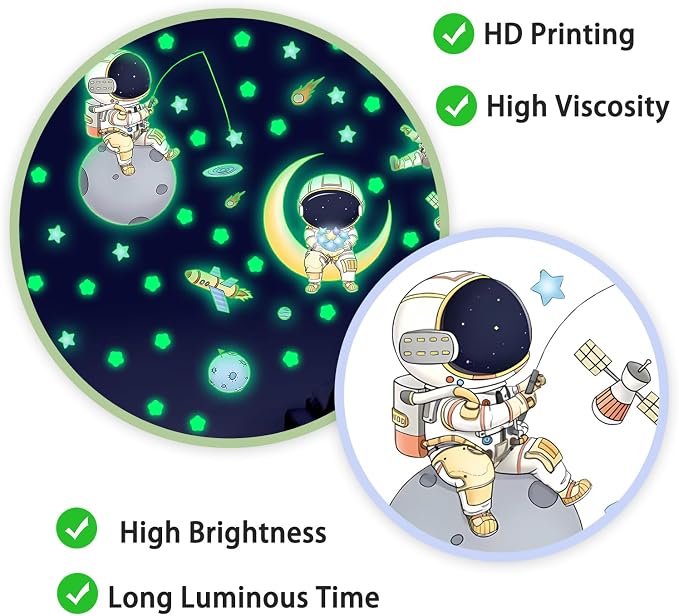 DIY Creativity Starry Sky Astronaut Night Light Stickers Cartoon Rabbit Wall Stickers Star Spaceship Night Light Stickers Room Decoration Wall Stickers (Astronaut Blue Light)