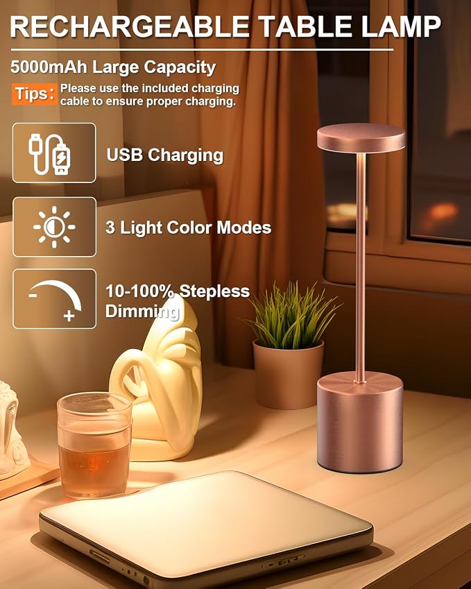 Swinerton Cordless Table Lamps Rechargeable, Portable LED Desk Lamp, 5000mAh Battery Powered Wireless Table Light - 3 Color Dimmable Lighting for Restaurant Dining Patio Outdoor Bedroom(Rose Gold)