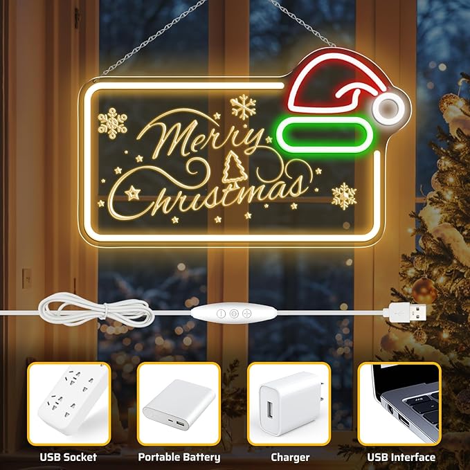 16.5 x 10’’ Merry Christmas Neon Sign, Carving LED Sign with Santa Hat, USB Powered Dimmable Switch for Xmas Party Kids Bedroom Bar Pub Club-Christmas Gift Decorations