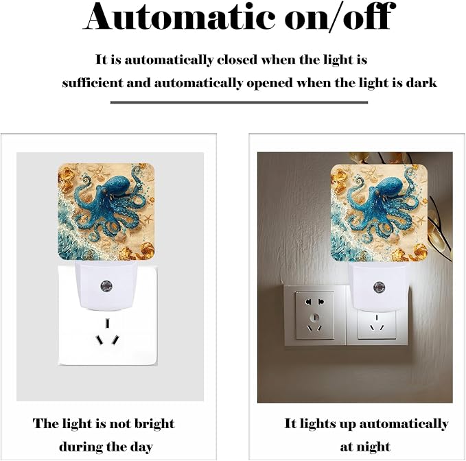 Octopus on Beach Night Light,Plug-in Night Lights with Dusk-to-Dawn Sensor for Stairway,Hallway,Bedroom Sleep Friendly Ideal for Women/Girls/Boys Gift,0.5w