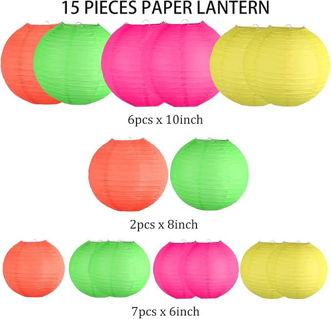 15-Pack Glow in the Dark Party Supplies, Neon Party Decorations | UV-Reactive Colorful Hanging Paper Lanterns for Birthday, Wedding, Baby Shower, Classroom Decor, Bars & Blacklight Events