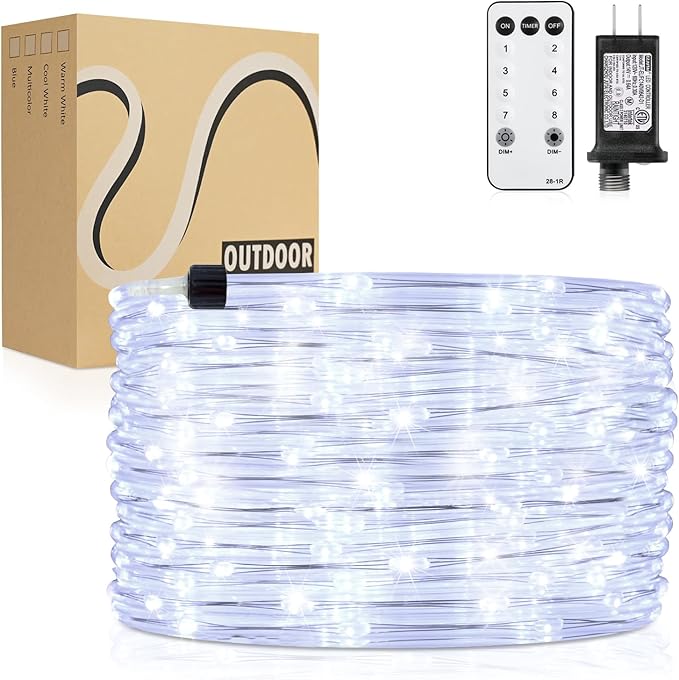 Rope Lights Outdoor, 98ft 600 LED Outdoor Plug in Rope Light, Waterproof String Lights for Garden, Tree, RV, Patio, Holiday Decor, Party, Christmas (Cool White)