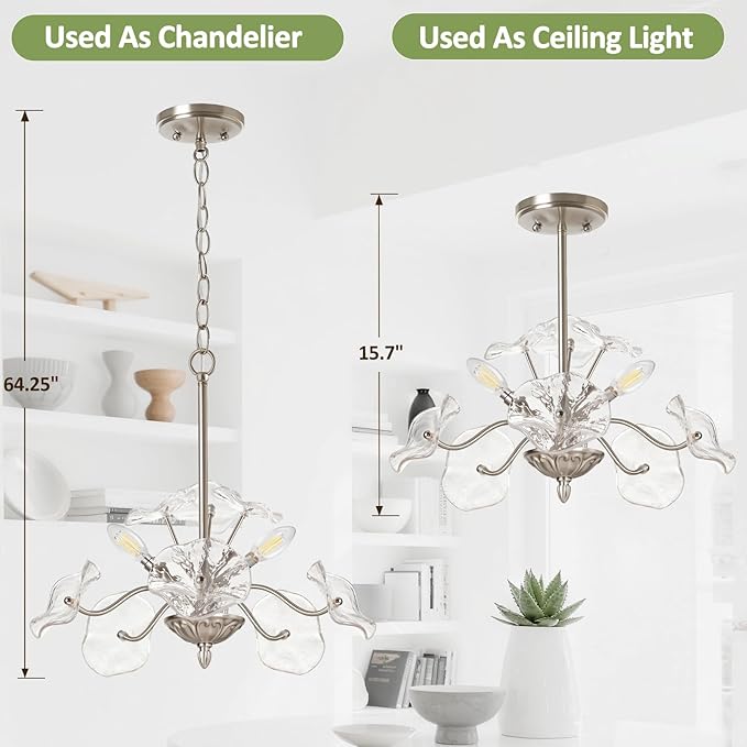 Luvkczc Modern Brushed Nickel Chandelier,Vintage Flower Glass Pendant Light Fixture,Mid Century Ceiling Light Fixture for Dining Room, Kitchen, Living Room, Bedroom Hallway Porch,3 Lights