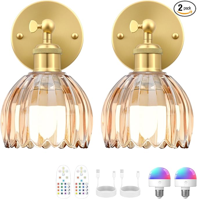 Vintage Battery Operated Wall Sconce, Amber Tulip Glass Lampshade Wireless Rechargeable Battery Powered LED Wall Light with Remote Dimmable for Bedside Bedroom Doorway Living Room, Set of 2