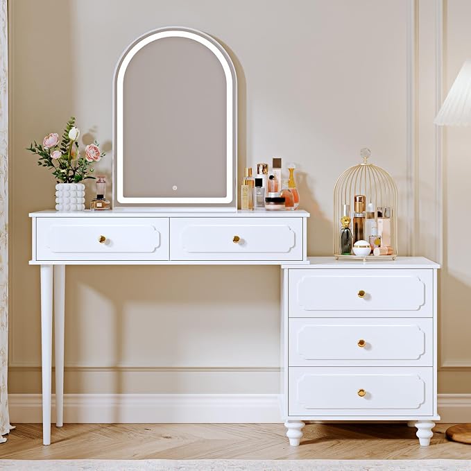 Ieejdn Cream,Vanity Desk with Mirror and Lights,Makeup Vanity with Power Outlet and Adjustable Cabinet,Modern Makeup Table with 3 Drawers for Bedroom Makeup Room0032