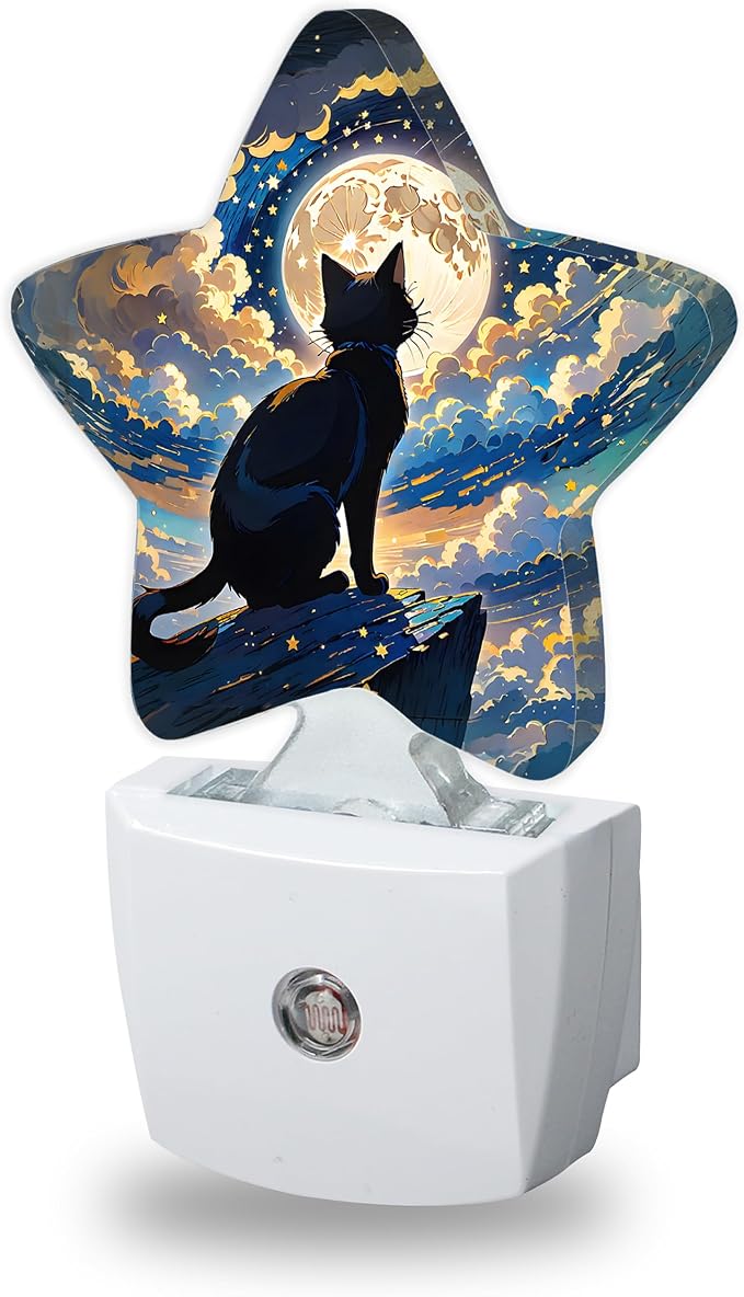 Black Cat Night Lights Plug Into Wall Decorative,Fantasy Moon Night Sleep Friendly Lamp, Energy Efficient Dusk-to-Dawn Sensor Nightlights for Kid Bedroom Nursery Bathroom
