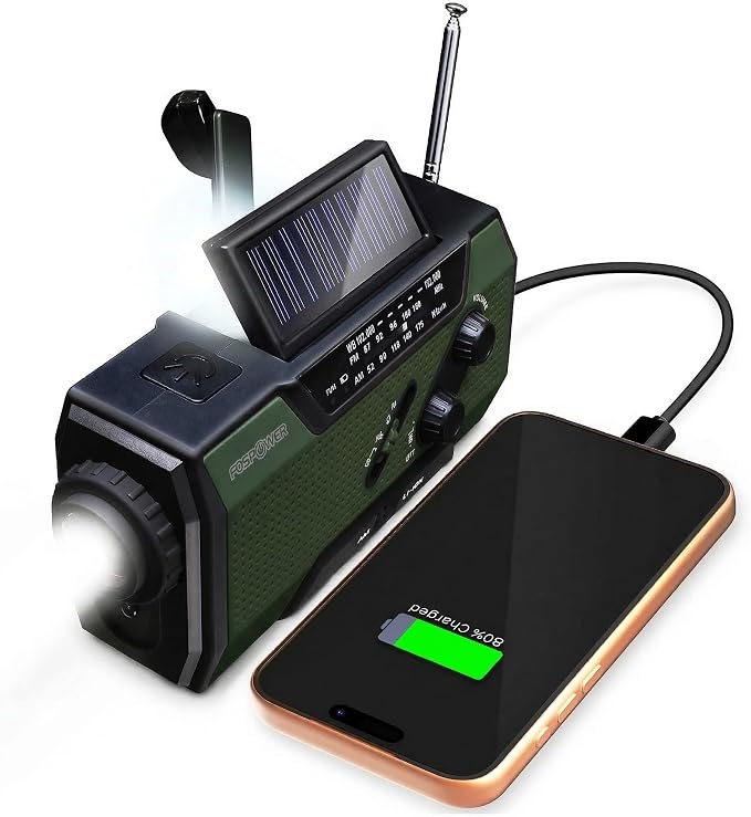 FosPower NOAA Emergency Weather Radio A1 7400mWh Portable Power Bank, AM/FM, USB/Solar/Hand Crank Charging, Battery Operated, SOS Alarm & Flashlight for Indoor/Outdoor Emergency - Green