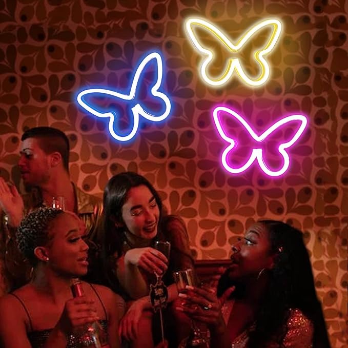 Butterfly Neon Signs 2Pieces,LED Neon Light for Wall Office Dorm Wedding Birthday Party Room Wall Decor,Butterfly Decorations Light for Teen Girls,USB or 3-AA Battery Powered(Warm White+Pink)