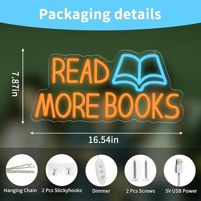 Read More Books Neon Signs for Wall Decor, Dimmable Book Classroom Neon Sign, Reading Book Club School Library Wall Decor, Book Lover Christmas Gifts for Teen Boys Girls 16.54 x 7.87 inch