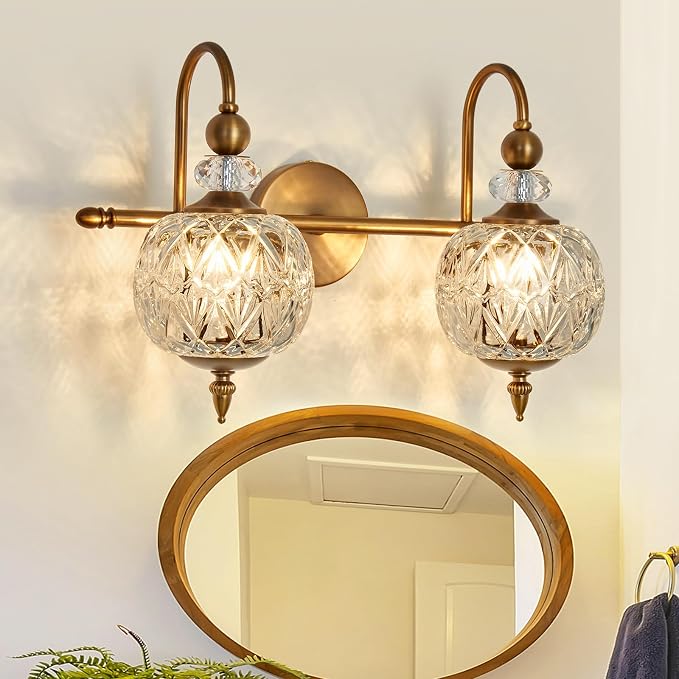 Piepooye Vintage Bathroom Light Fixtures Gold Vanity Light with Glass Globe LampShade 2 Lights Mid Century G9 Bulb Wall Sconce Indoor Vanity Light Over Mirror for Bedroom Farmhouse Hallway