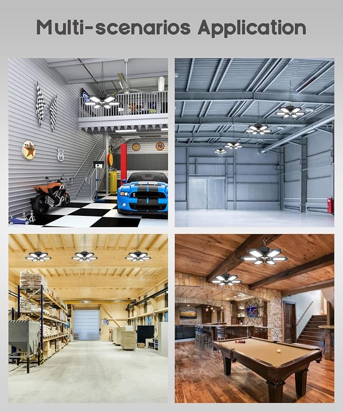 LED Garage Lights 6 Pack, 20000LM Plug in Shop Light Bay Lighting 6500K | 200W Ultra Bright, Linkable Design, 6 Deformable LED Panels, for Garage workshop Basement