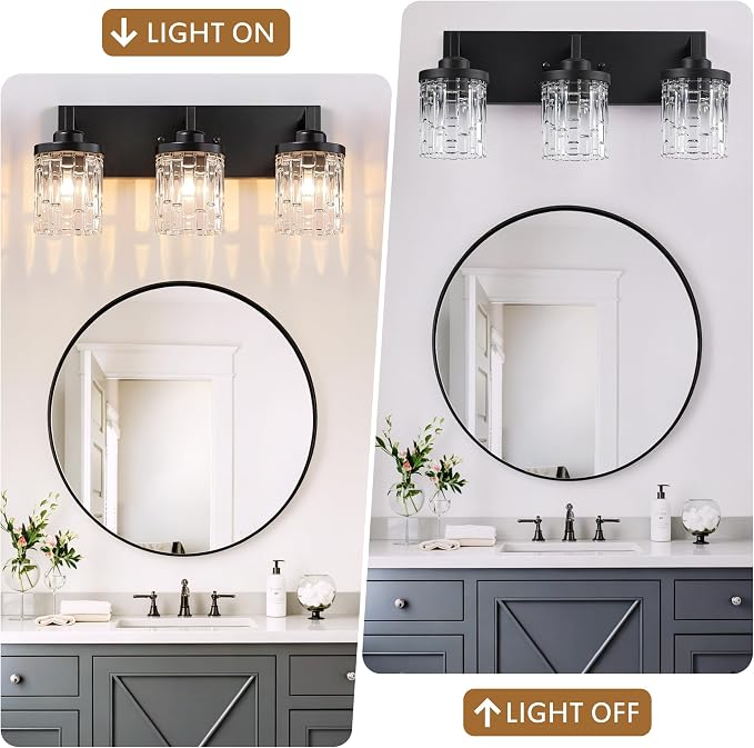 maesta Black Bathroom Light Fixture,3 Light Modern Vanity Light Over Mirror | Modern Vanity Light, Black Metal & Crystal Glass Fixture, Anti-Rust, Easy to Install for Bathroom Hallway Bedroom Entryway