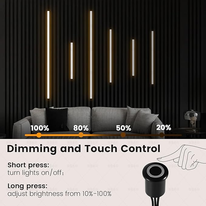 LED Recessed Lighting Kit for Wall Panels - GloryAir 6pcs Adhesive Wall Strip Lights for Interior Wall Decor, 3000K Touchable Switch Lamp for Wood Slat, Wall Accent Acoustic Panels, Kitchen Home stair
