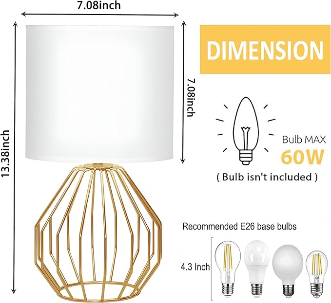 Gold Table Lamp, Small Bedside Nightstand Lamps with White Fabric Shade, Metal Base and ON/Off Switch Desk lamp, Modern Geometric Lamp for Bedrooms Living Room Office Foyer Kids Room