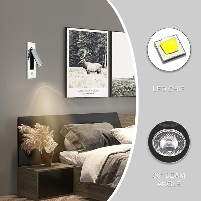 LED Bedroom Lamp Headboard Wall Light Sconce, Bedside Reading Light Recessed Push Switch Wall Lamps, Hotel Bed Side Decorative Wall Sconces Spotlight, 360° Rotatable 92° Foldable (Chrome)
