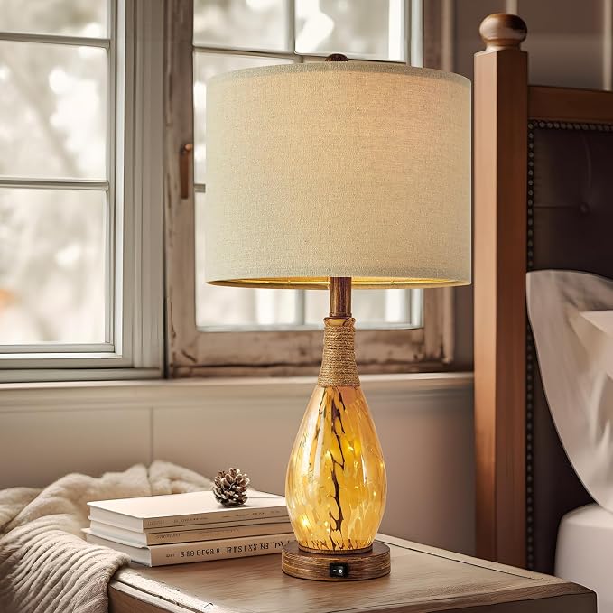 23" USB A+C Table Lamp for Bedroom Living Room Modern Bedside Lamps Retro Farmhouse Rattan Glass Nightstand Nightlight Lamps (Amber),Two Light Points