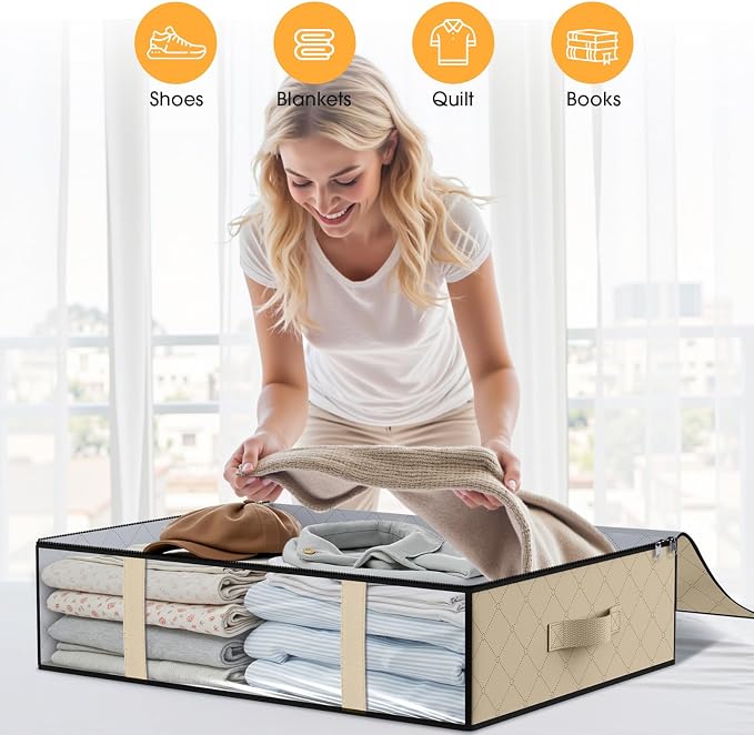StorageRight Under Bed Storage Bags, 10 Pack, 40L, Beige | Breathable Non-Woven Fabric with a Clear Window and Zippered Top for Clothes, Comforters, Blankets and Seasonal Storage