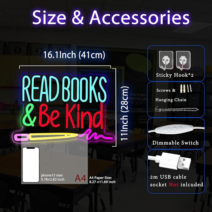 Read Books and Be Kind Neon Sign, Dimmable Classroom Neon Sign Lights, LED Read Books Light up Sign for Library Decor, USB Pencil Neon Light for Kids Teachers Students, Classroom Lights (16.2"×11")