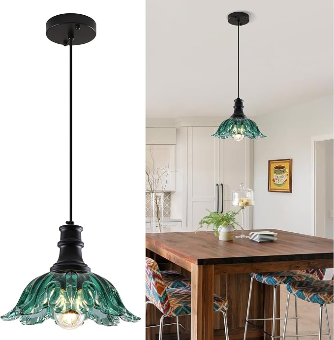 Green Pendant Light, Flower Pendant Lighting with Glass Shade, Vintage Pendant Light Fixture for Kitchen Island, Living Room, Dining Room, Sink, Hallway, Restaurant