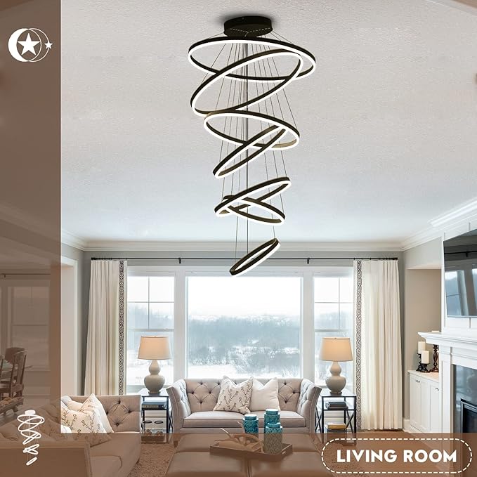 XGZL·LIGHTING 7-Rings Modern LED Chandelier Black D31.5’’ Contemporary High Ceiling Foyer Chandeliers Large with Remote Entryway for Living Room Entrance Staircase, 3000K-6000K