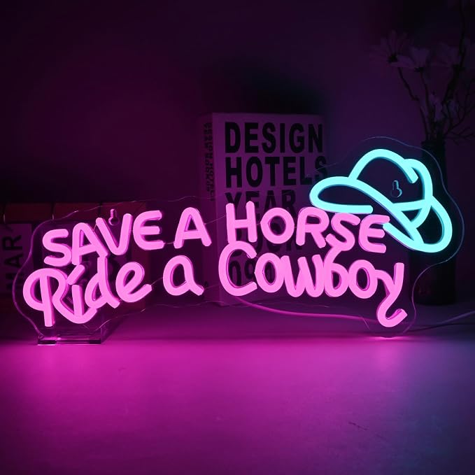 Save A Horse Ride A Cowboy Neon Sign LED Light Western Bar Decor | Funny Cowboy Light Up Sign for Home Bar, Man Cave, Country Room & Parties, USB Powered LED Neon Light, Adjustable Brightness