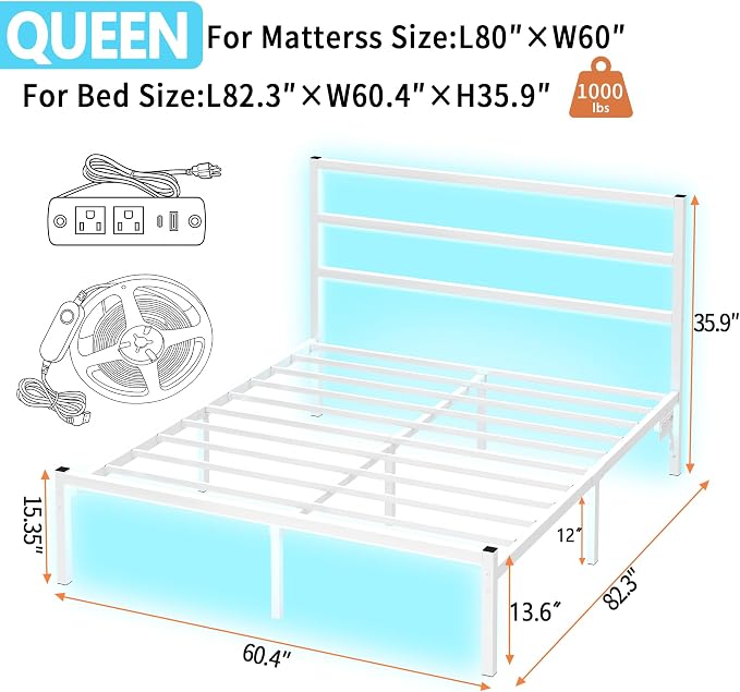 CLIBFENG Queen Size Bed Frame with Headboard,Heavy Duty Steel Slats Support-LED Bed Frame with USB Charging Station,Mattress Foundation-Under Bed Storage,No Box Spring Needed,Noise Free,White