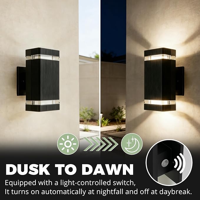 JYV Dusk to Dawn Square Outdoor Wall Lights, Up and Down Porch Lights,Black | Aluminum Exterior Lighting Fixtures with 2 * 7W Bulbs 3000K, Waterproof Outdoor Sconces Wall Lighting, for House Porch Garage