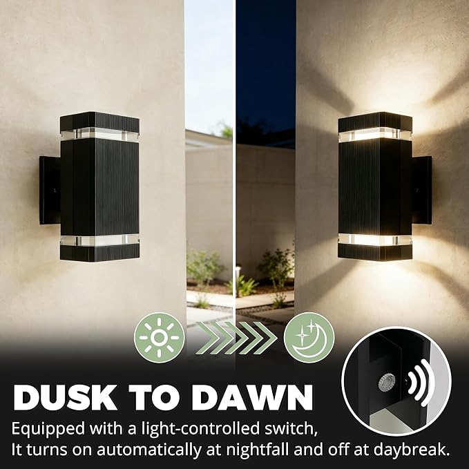 JYV Square Dusk to Dawn Outdoor Wall Lights, Up and Down, Black 2 Pack | Aluminum Porch Lights with 2x7W 3000K Bulbs, Waterproof Exterior Lighting Fixtures, for House Porch Garage Patio