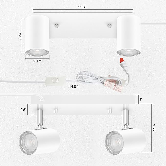 2 Light Track Lighting Kit,White 2 Way Flexible Plug in Ceiling Spotlight,Industrial LED Wall Light for Kitchen Cabinet Gallery Bar Hallway Living Room,Rocker Switch,15 ft Cord(No Bulb)