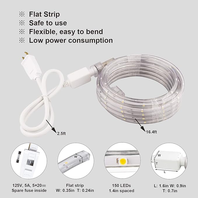 33ft Strip Lights Outdoor, LED Flat Flexible Rope Lighting, 3000K Soft White, Waterproof Connectable Décor Lights for Bedroom Living Room Garden Patio Pergola Christmas Party