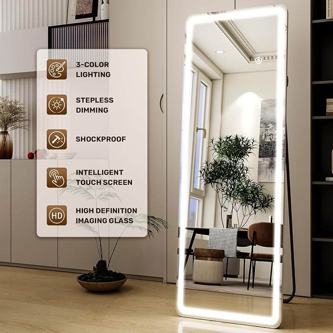 Easly Full Length Mirror - 16" x 60" Mirror Full Length with LED Lights Adjustable Screen Brightness, Wall Mounted or Freestanding, Full Body Mirrors for Bedroom, Living Room, Cloakroom,Salon