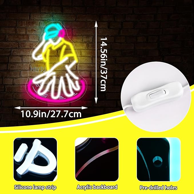 DJ Player Neon Sign for Wall Decor Dimmable DJ Neon Light for Man Cave Record Player Birthday Gifts for Lovers LED Rock Music Sign for Music Room Studio Bedroom Bar 14.5 * 10.9In (WZCP223)