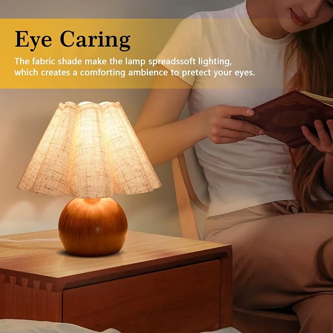 Wood Grain Touch Control Table Lamp for Bedroom,Farmhouse Cute Small Table Lamp for Bedroom Nightstand, Mini Vintage Bedside Lamps with Scalloped Shade for Small Spaces, Kitchen Counter, Bookshelf