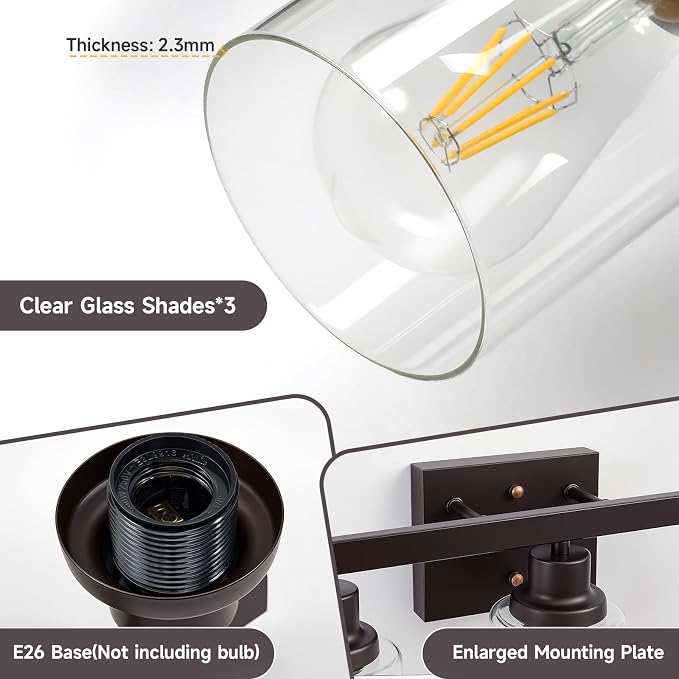 3 Light Bathroom Vanity Light,Oil Rubbed Bronze Vanity Lights 17" | Bronze Bathroom Light Fixtures over Mirror,with Clear Glass,Modern Wall Sconces for Bathroom,E26 Base