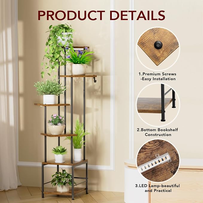 Plant Stand Indoor with Grow Light - 6-Tier Metal Plant Shelf with Hanging Basket Hook, Corner Tall Flower Holder for Multiple Plants, Living Room Balcony Garden Patio, Rustic Brown