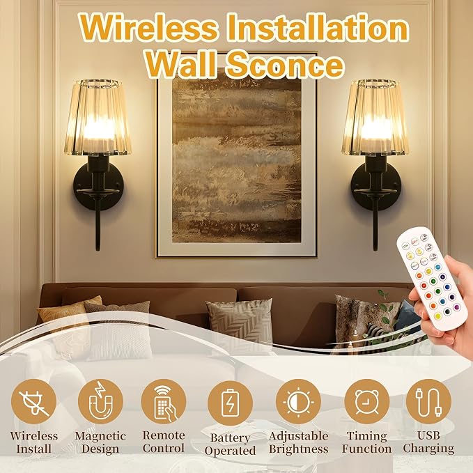 Battery Operated Wall Sconces Set of 2, Black Crystal Wall Lights | 5200mAh rechargeable wall lights with magnetic bulbs, remote control, 15 colors, 10-level dimming and timer for bedrooms
