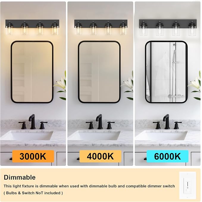 IZORRO Bathroom Vanity Light Fixture, 4-Light 30 Inch Matte Black Bathroom Light Fixtures Over Mirror, with Clear Glass Shade, Modern Farmhouse Vanity Lights, Rustic Restroom Lighting Fixtures