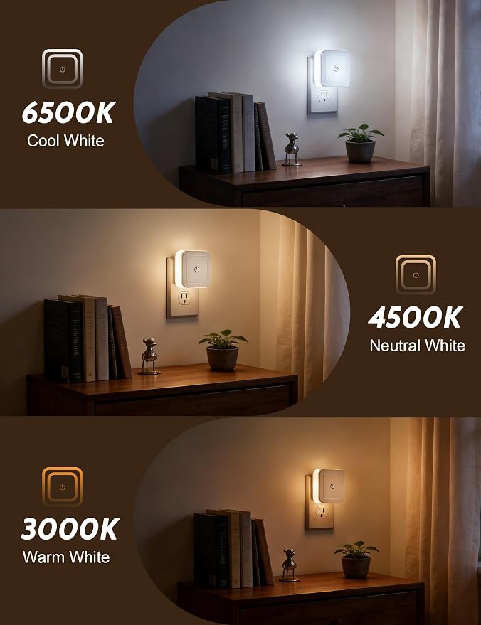 Sujeet Modern Night Light, 1-50LM Stepless Dimming LED Night Light with 3CCT (3000K/4500K/6500K), Night Lights Plug into Wall Night Light for Adults, Bedroom, Bathroom, Hallway,8-Pack,No Light Sensor