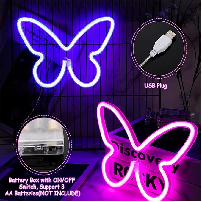 Butterfly LED Neon Signs 2pcs Pink Butterfly Neon Sign, USB or Battery Operated Butterfly Art Light , Suitable for Wall Decoration, Table Decoration, Girls Bedroom, Home Wedding, Birthday Party