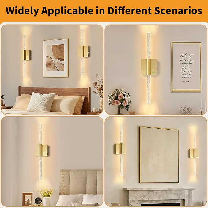 28” Wall Sconces Set of 2, Rechargeable Battery Powered Wall Light | Extra Large 8000mAh Battery Operated Dimmable Led Lamp Fixtures with No Hardwired, for Bathroom Cabinet Study Room, Gold