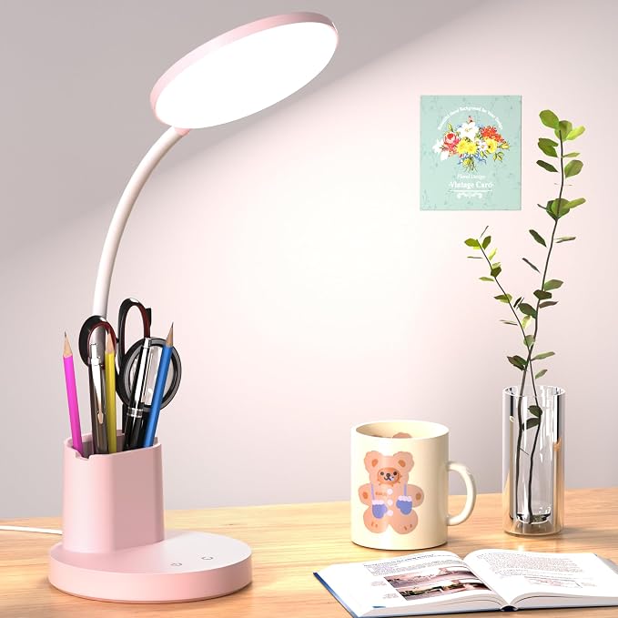 LED Desk Lamp for College Dorm with Pen Phone Holder, Pink | 3 Color Modes Dimmable Desk Light, College Dorm Essentials, 360° Adjustable Arm, Eye-caring Bedside Reading Lamp, 800 Lumen