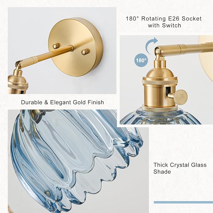 Wall Sconces Set of Two Hardwired, Vintage Sconce Light with Tulip Denim Blue Glass Lampshade, Bathroom Wall Lights with Switch, Gold Wall Light Sconces Wall Decor Set of 2